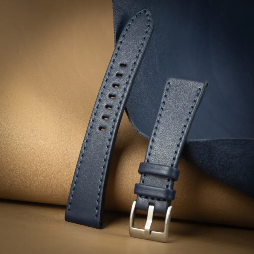 Skórzany pasek do zegarka 18mm – granatowa licowa skóra Nappa, przeszycie tonalne