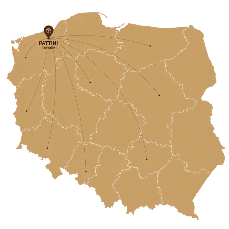 Mapa dostaw w Polsce z pracowni PATTINI w Koszalinie