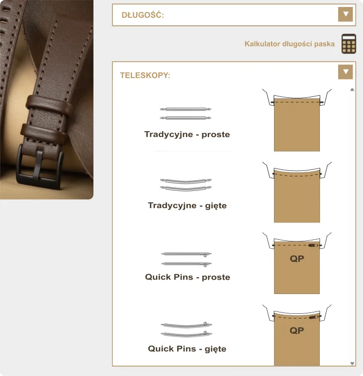 Wybór rodzaju teleskopów w konfiguratorze paska do zegarka